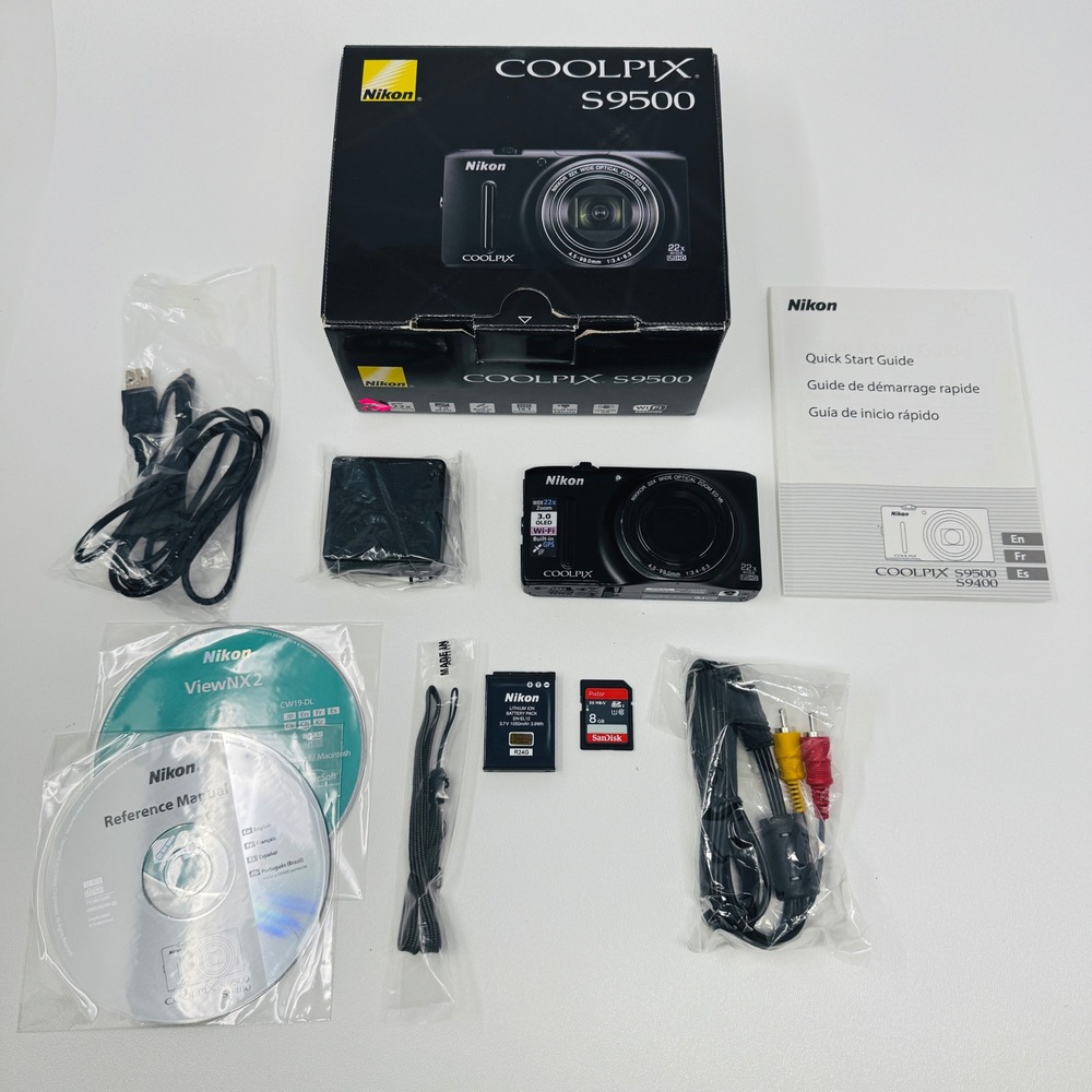 Nikon Coolpix S9500 Digital Camera Black 18.1MP 22x Zoom WiFi GPS Bundle Boxed